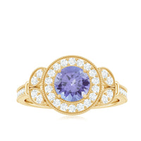 Real Tanzanite Retro Engagement Ring with Diamond Halo