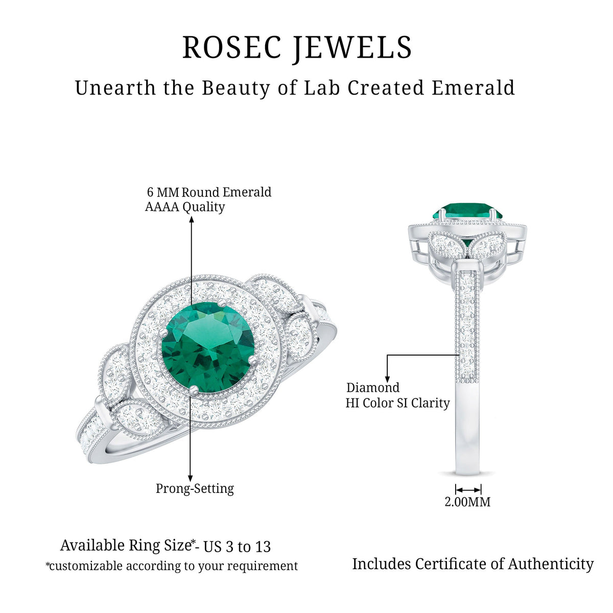 Certified Lab Grown Emerald Retro Engagement Ring with Diamond
