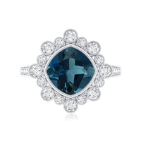 Cushion London Blue Topaz Cocktail Ring with Diamond