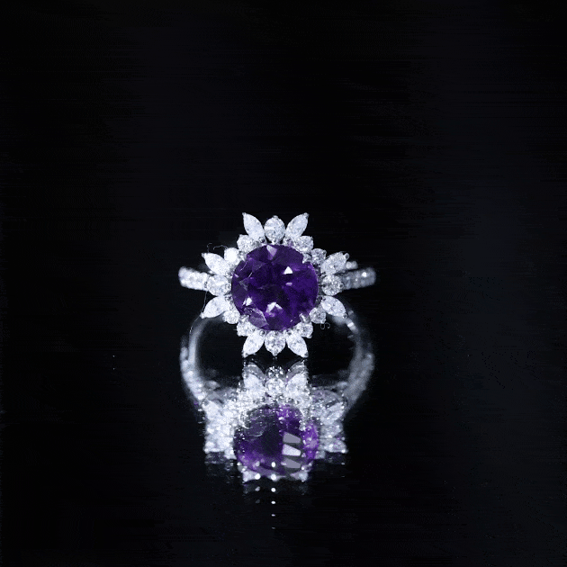 Natural 2-carat amethyst engagement ring with moissanite halo by Rosec Jewels, featuring a yellow gold band and intricate design.