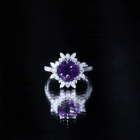 Natural 2-carat amethyst engagement ring with moissanite halo by Rosec Jewels, featuring a yellow gold band and intricate design.