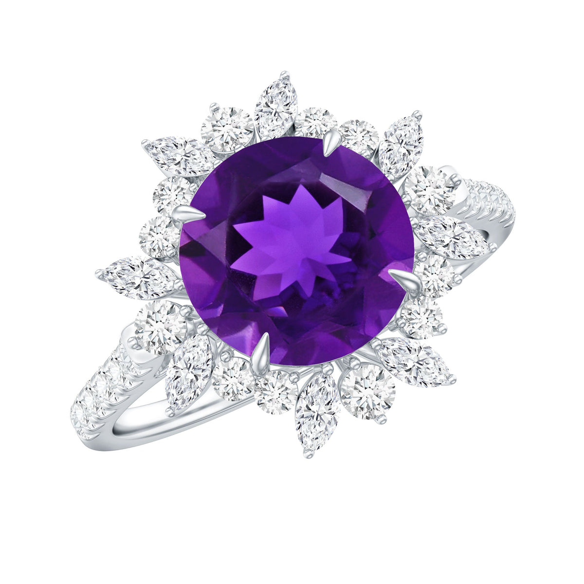 Natural 2 Carat Amethyst engagement ring with moissanite halo by Rosec Jewels, showcasing a striking purple gemstone and sparkling accents.