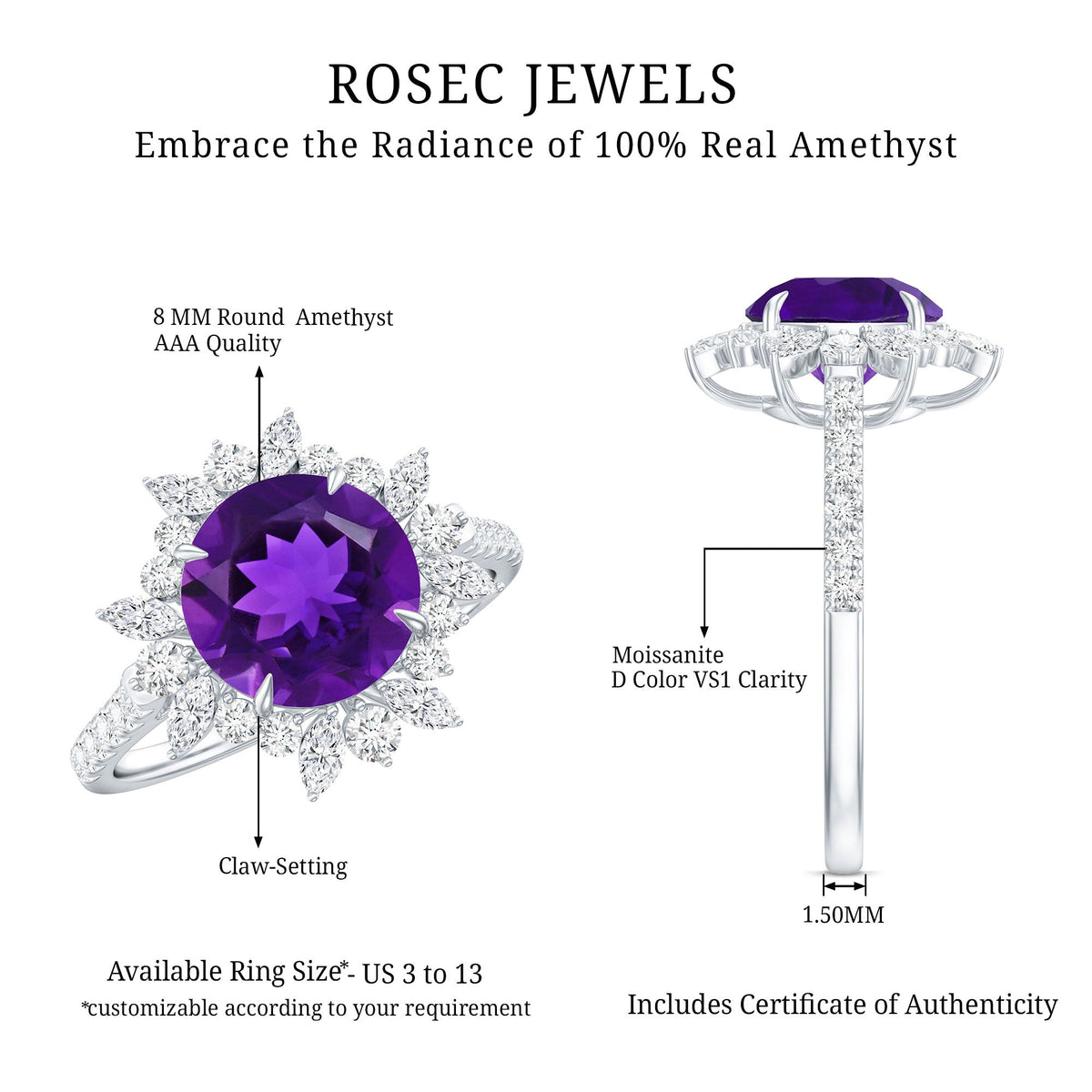 Natural 2 carat amethyst engagement ring with moissanite halo by Rosec Jewels, showcasing the vibrant purple gemstone and intricate design.