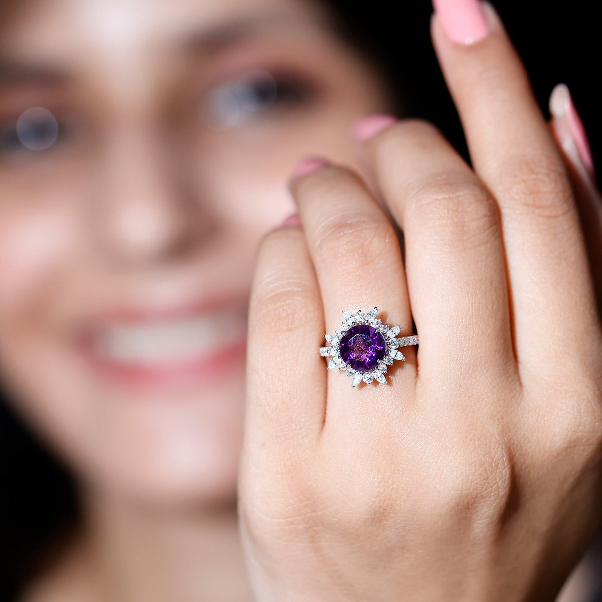 Natural 2 Carat Amethyst engagement ring with moissanite halo from Rosec Jewels, showcasing a stunning purple gemstone and intricate design.