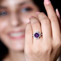 Natural 2 Carat Amethyst engagement ring with moissanite halo from Rosec Jewels, showcasing a stunning purple gemstone and intricate design.