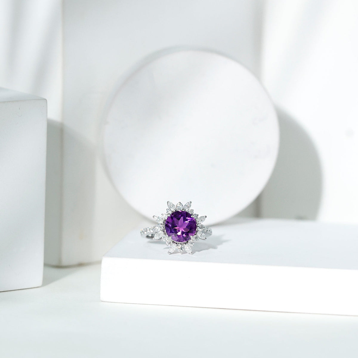 Natural 2 Carat Amethyst engagement ring with Moissanite halo from Rosec Jewels, showcasing a stunning purple gemstone and elegant design.
