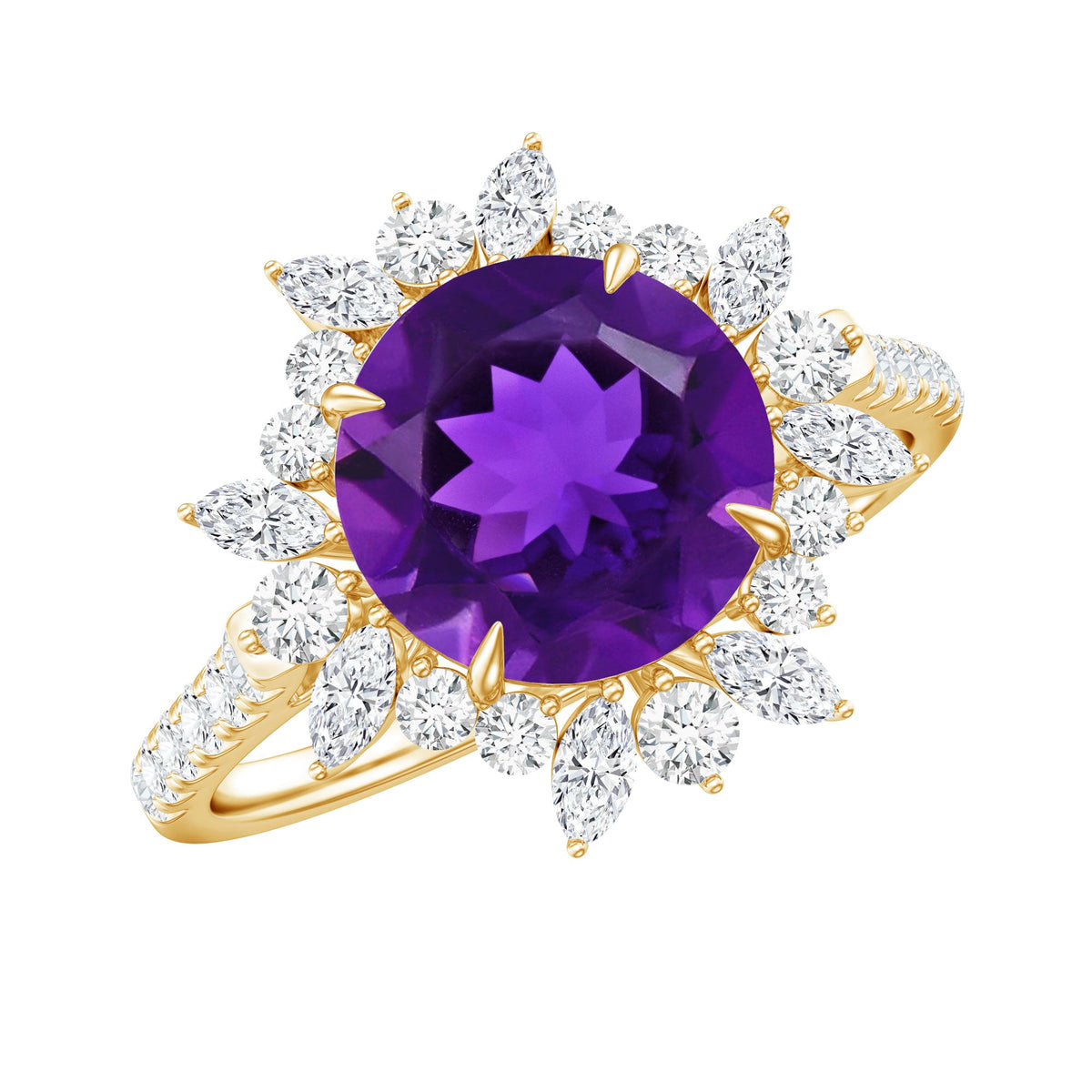 Natural 2 carat amethyst statement engagement ring with moissanite halo from Rosec Jewels, showcasing a large purple gemstone and intricate band.