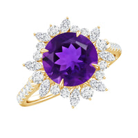 Natural 2 carat amethyst statement engagement ring with moissanite halo from Rosec Jewels, showcasing a large purple gemstone and intricate band.