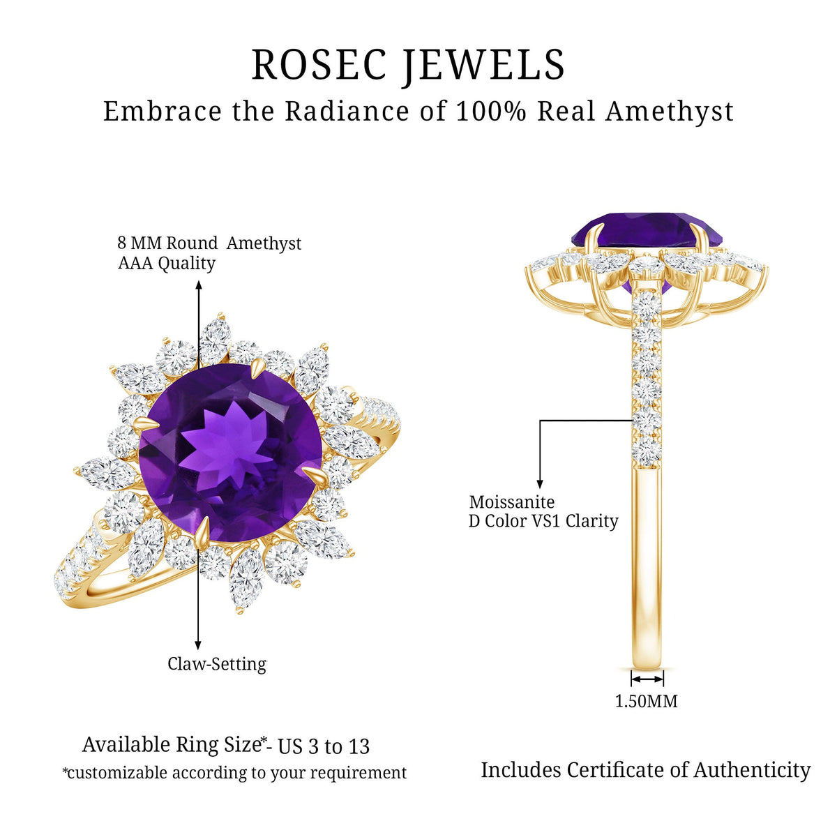 Natural 2 Carat Amethyst engagement ring with Moissanite halo by Rosec Jewels, featuring a stunning purple gemstone and elegant design.