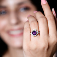 Natural 2 carat amethyst engagement ring with moissanite halo by Rosec Jewels, featuring a stunning purple gemstone and intricate band design.