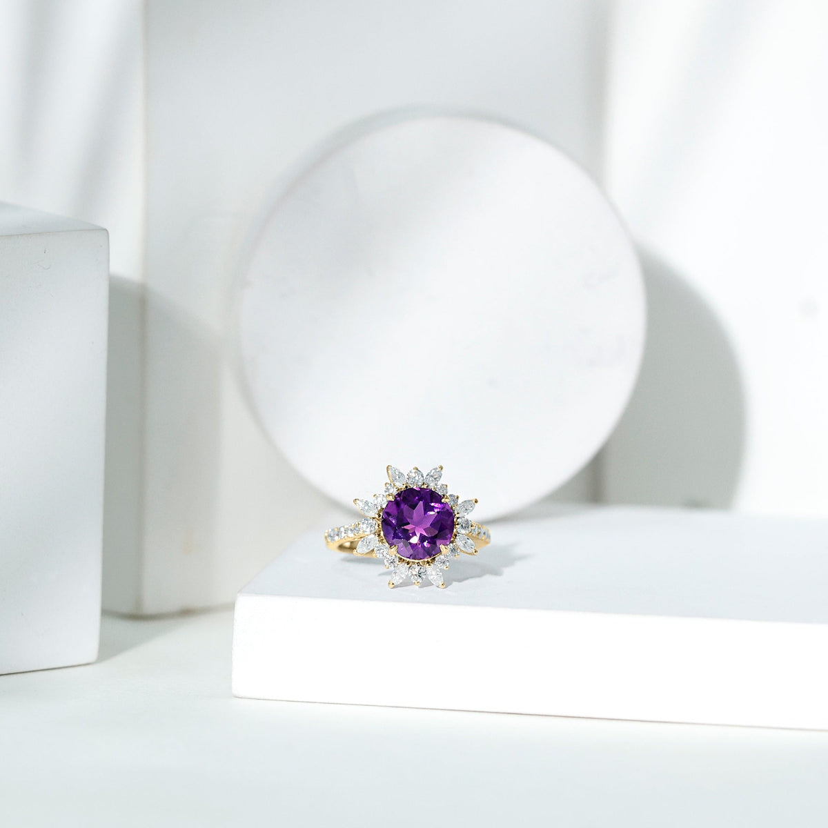 Natural 2 Carat Amethyst engagement ring with moissanite halo by Rosec Jewels, showcasing the vibrant purple gemstone and intricate band design.
