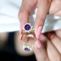 Natural 2 Carat Amethyst engagement ring with moissanite halo by Rosec Jewels, showcasing a stunning purple gemstone and intricate design.