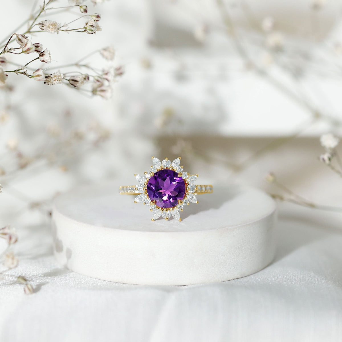 Natural 2 Carat Amethyst engagement ring with moissanite halo, Rosec Jewels rings featuring a stunning purple gemstone and sparkling accents.