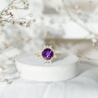 Natural 2 Carat Amethyst engagement ring with moissanite halo, Rosec Jewels rings featuring a stunning purple gemstone and sparkling accents.