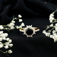 Real Black Spinel Engagement Ring with Moissanite Halo