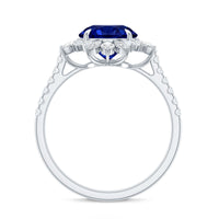 Certified 2.7 Carat Lab Grown Blue Sapphire Engagement Ring with Diamond Halo