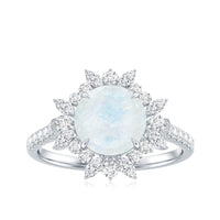 Round Moonstone Statement Ring with Moissanite Floral Halo