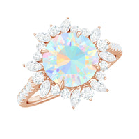 Natural 8mm Ethiopian Opal halo engagement ring with side stones, featuring a Rosec Jewels design and intricate metalwork.