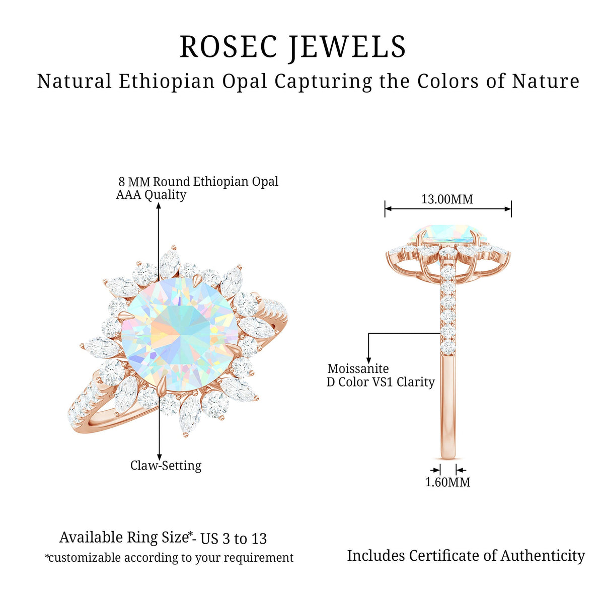 Natural 8mm Ethiopian Opal halo engagement ring with side stones by Rosec Jewels, featuring a sparkling central opal and delicate band.