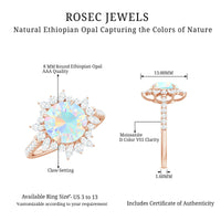 Natural 8mm Ethiopian Opal halo engagement ring with side stones by Rosec Jewels, featuring a sparkling central opal and delicate band.