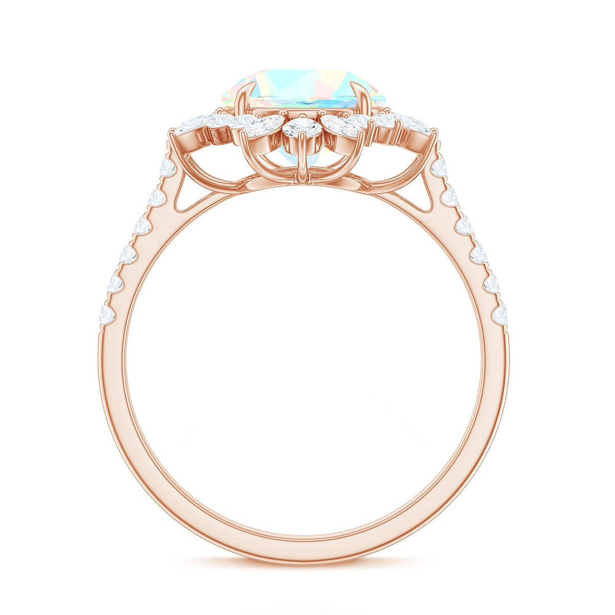 Natural 8mm Ethiopian Opal halo engagement ring with side stones, crafted by Rosec Jewels, showcasing a sparkling gemstone design.