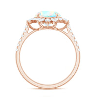 Natural 8mm Ethiopian Opal halo engagement ring with side stones, crafted by Rosec Jewels, showcasing a sparkling gemstone design.