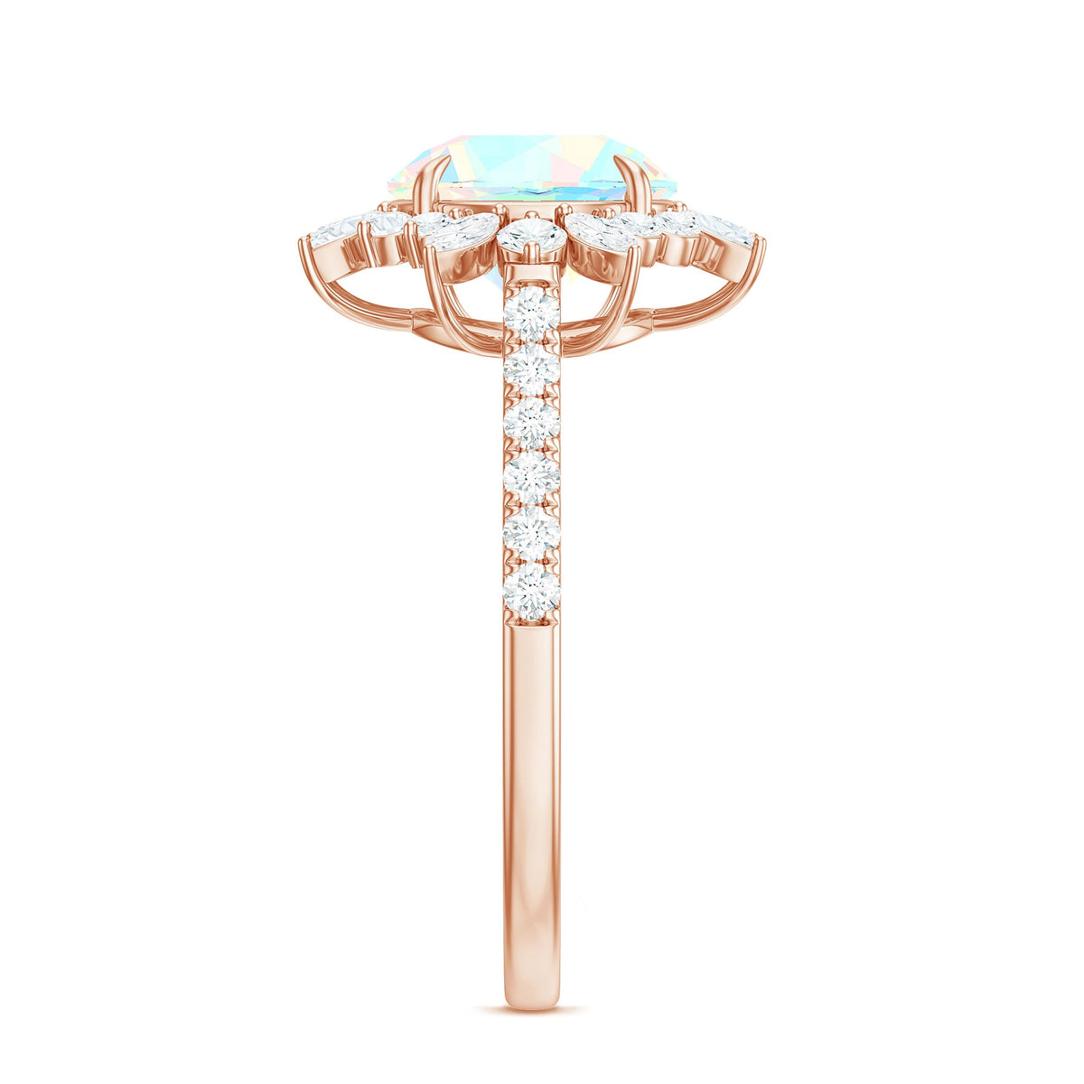 Natural 8mm Ethiopian Opal halo engagement ring with side stones from Rosec Jewels, featuring a sparkling gemstone centerpiece and intricate design.