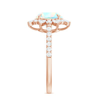 Natural 8mm Ethiopian Opal halo engagement ring with side stones from Rosec Jewels, featuring a sparkling gemstone centerpiece and intricate design.