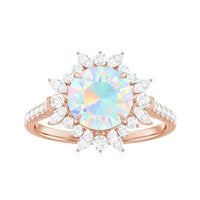Natural 8mm Ethiopian Opal halo engagement ring with side stones, featuring Rosec Jewels' elegant design and sparkling accents.