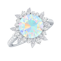 Natural 8mm Ethiopian Opal halo engagement ring with side stones from Rosec Jewels, showcasing a sparkling gemstone and intricate design.