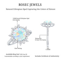 Natural 8mm Ethiopian Opal halo engagement ring with side stones, featuring Rosec Jewels' elegant design and craftsmanship.