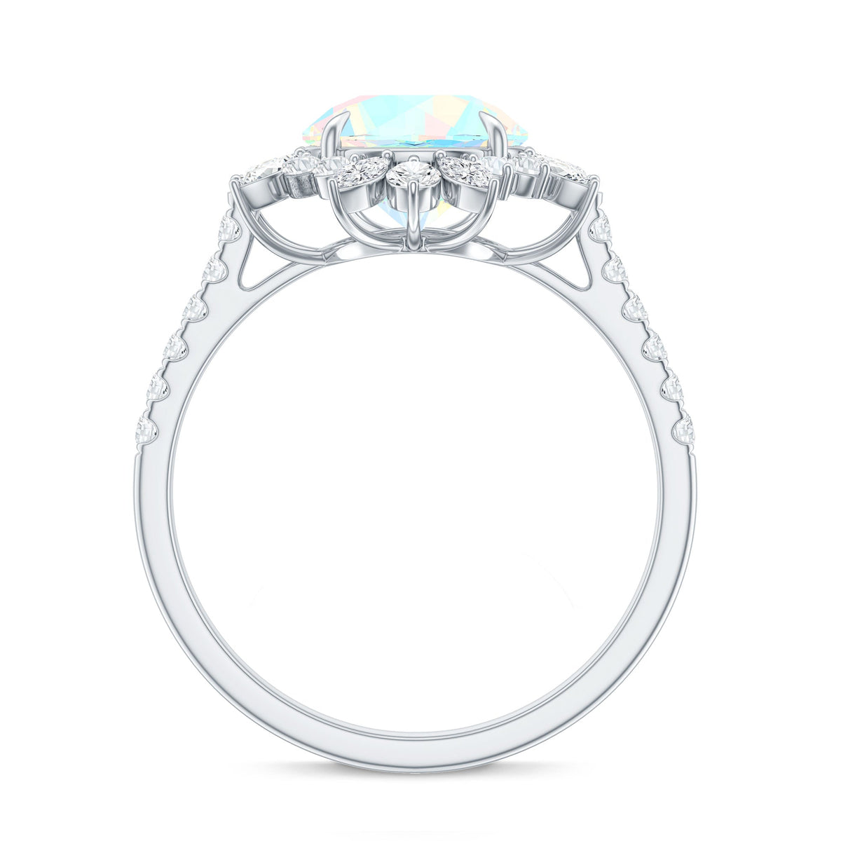 Natural 8mm Ethiopian Opal halo engagement ring with side stones, featuring a silver band and intricate design by Rosec Jewels.