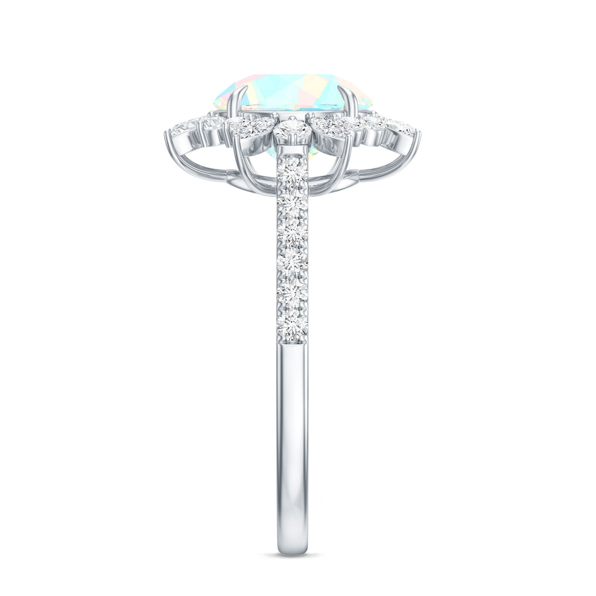 Natural 8mm Ethiopian Opal halo engagement ring with side stones from Rosec Jewels, showcasing the sparkling gemstone and detailed design.