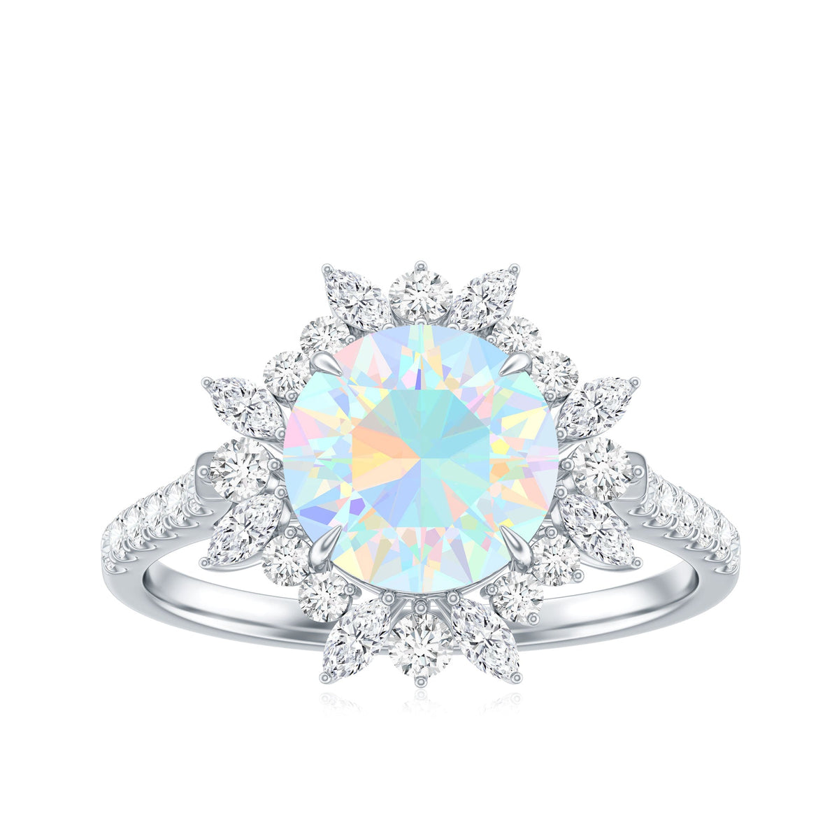 Ethiopian Opal halo engagement ring with side stones, crafted by Rosec Jewels, featuring an 8mm central opal gemstone and intricate design.
