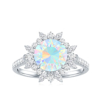 Ethiopian Opal halo engagement ring with side stones, crafted by Rosec Jewels, featuring an 8mm central opal gemstone and intricate design.