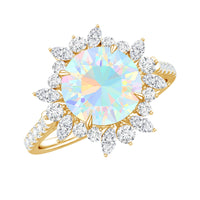 Natural 8mm Ethiopian Opal halo engagement ring with side stones, featuring a rose gold band and intricate setting.