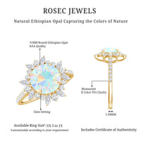 8mm Ethiopian Opal halo engagement ring with side stones from Rosec Jewels, featuring a natural opal centerpiece and intricate design.