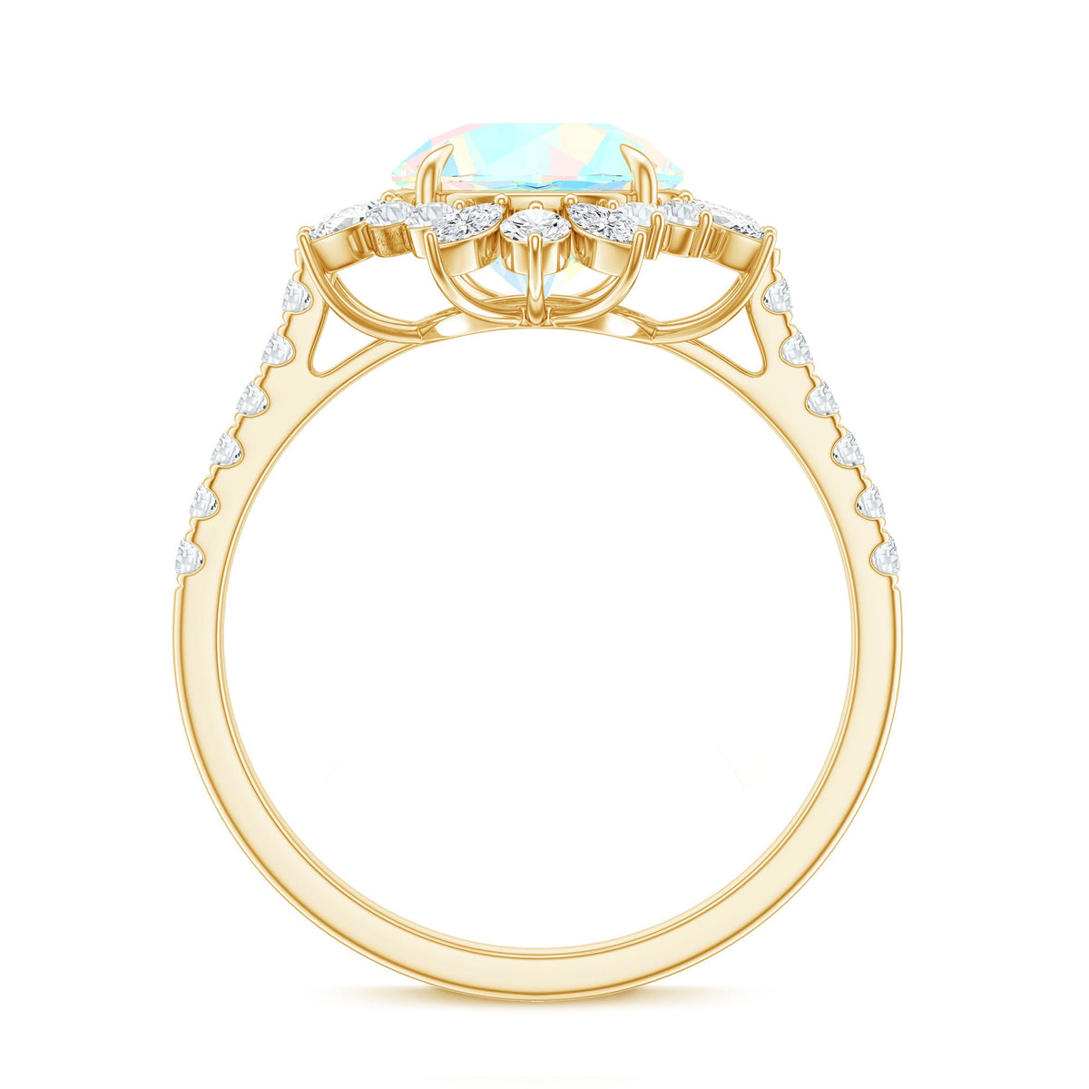 Natural 8mm Ethiopian Opal halo engagement ring with side stones, featuring a Rosec Jewels design and intricate metal setting.