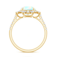 Natural 8mm Ethiopian Opal halo engagement ring with side stones, featuring a Rosec Jewels design and intricate metal setting.