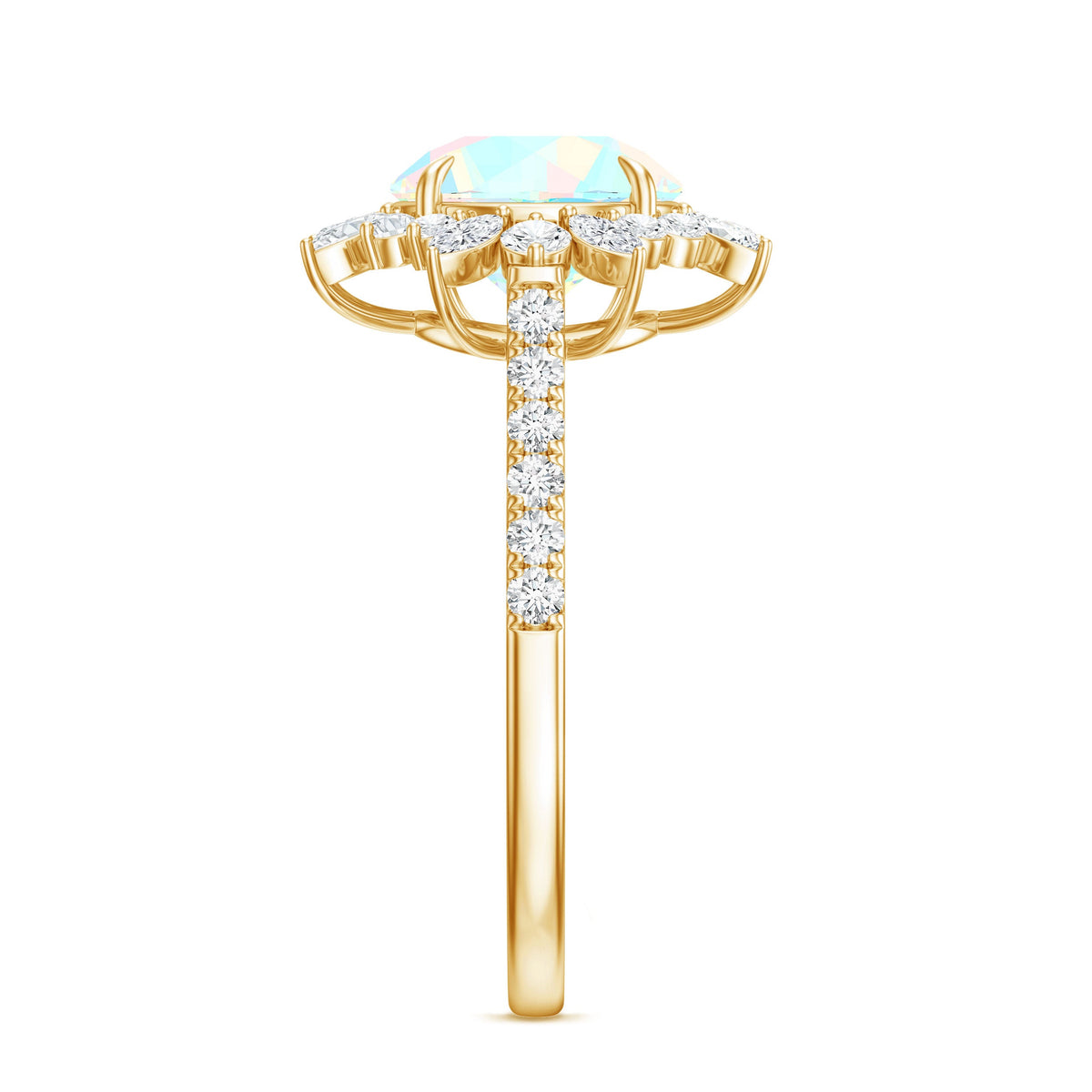 Natural 8mm Ethiopian Opal halo engagement ring with side stones, featuring intricate detailing from Rosec Jewels.