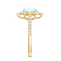 Natural 8mm Ethiopian Opal halo engagement ring with side stones, featuring intricate detailing from Rosec Jewels.