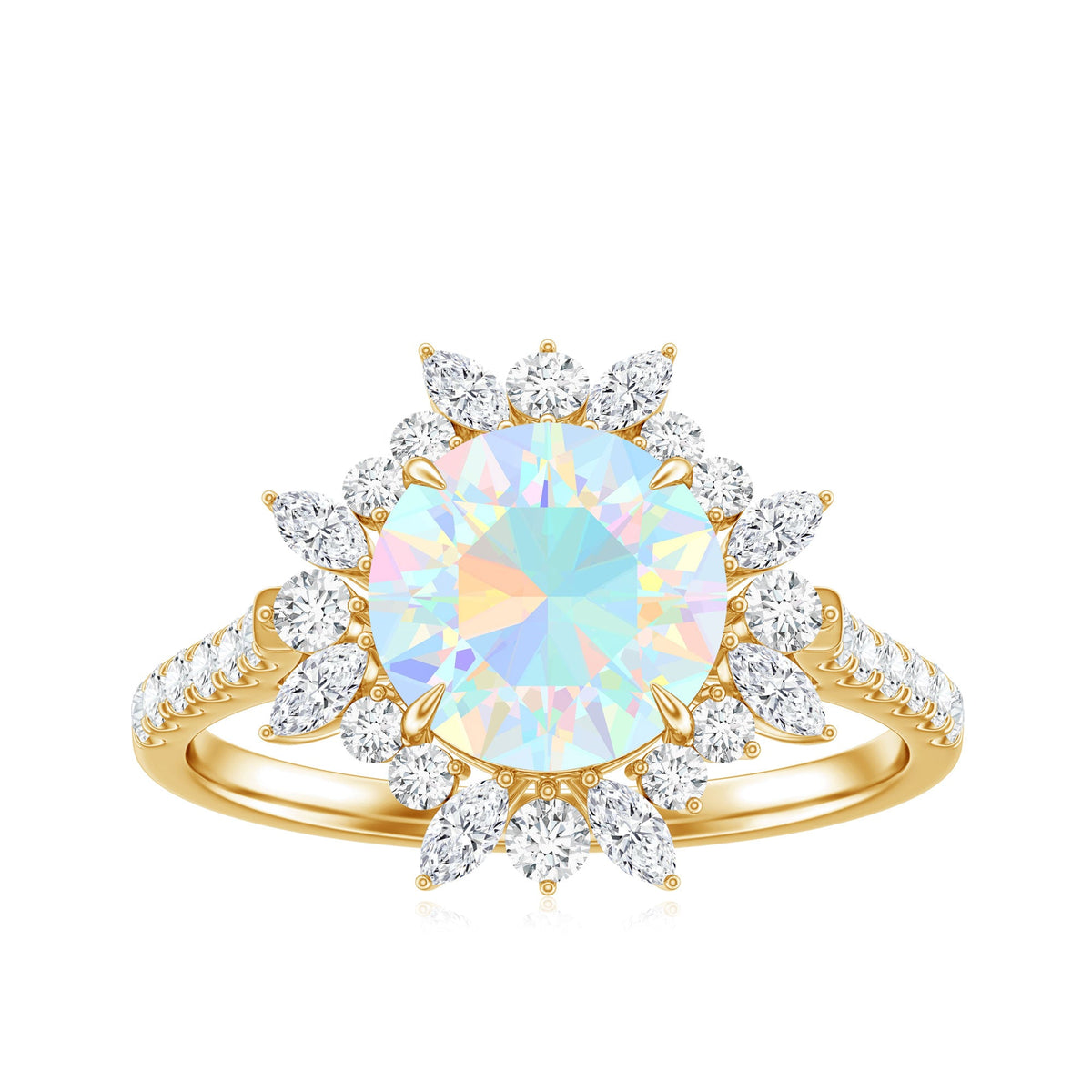 Natural 8mm Ethiopian Opal halo engagement ring with side stones by Rosec Jewels, featuring a sparkling central opal and detailed band.