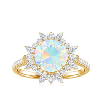 Natural 8mm Ethiopian Opal halo engagement ring with side stones by Rosec Jewels, featuring a sparkling central opal and detailed band.