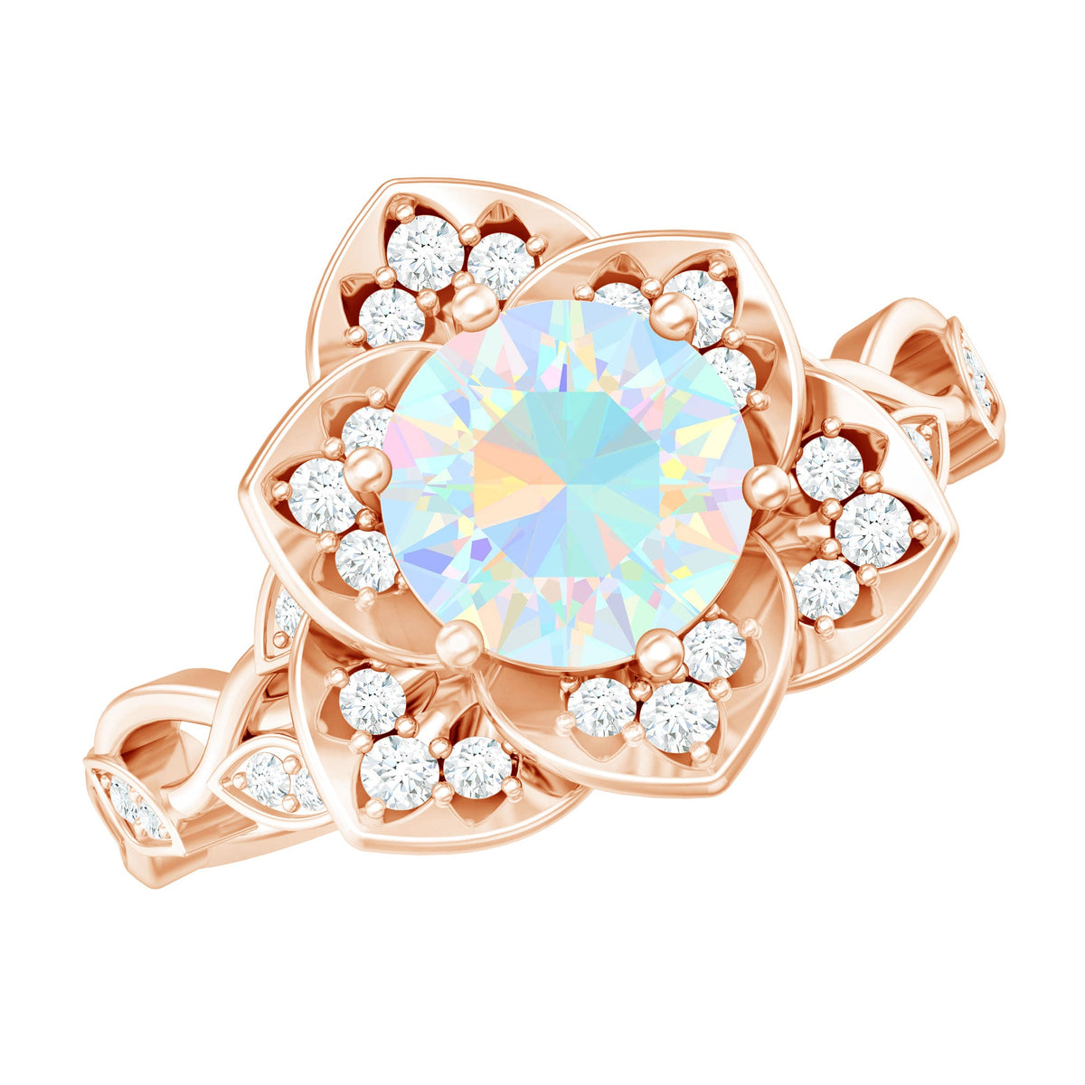 Natural Ethiopian opal flower engagement ring with diamonds, crafted by Rosec Jewels, showcasing vibrant multi-colored gemstones and intricate design.