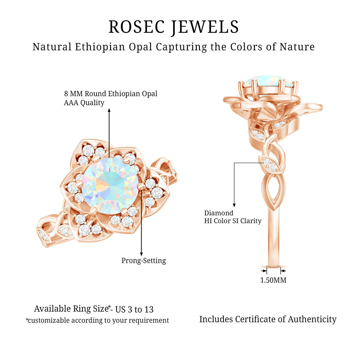 Two-carat natural Ethiopian opal flower engagement ring with diamond accents, crafted by Rosec Jewels.