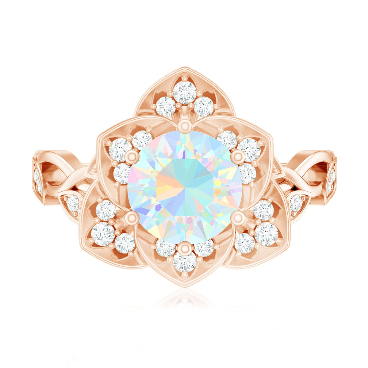 Natural Ethiopian opal flower engagement ring with 2 carats and diamonds, featuring a rose gold band by Rosec Jewels.