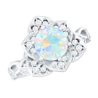 Two-carat natural Ethiopian opal flower engagement ring with diamond accents, crafted by Rosec Jewels.