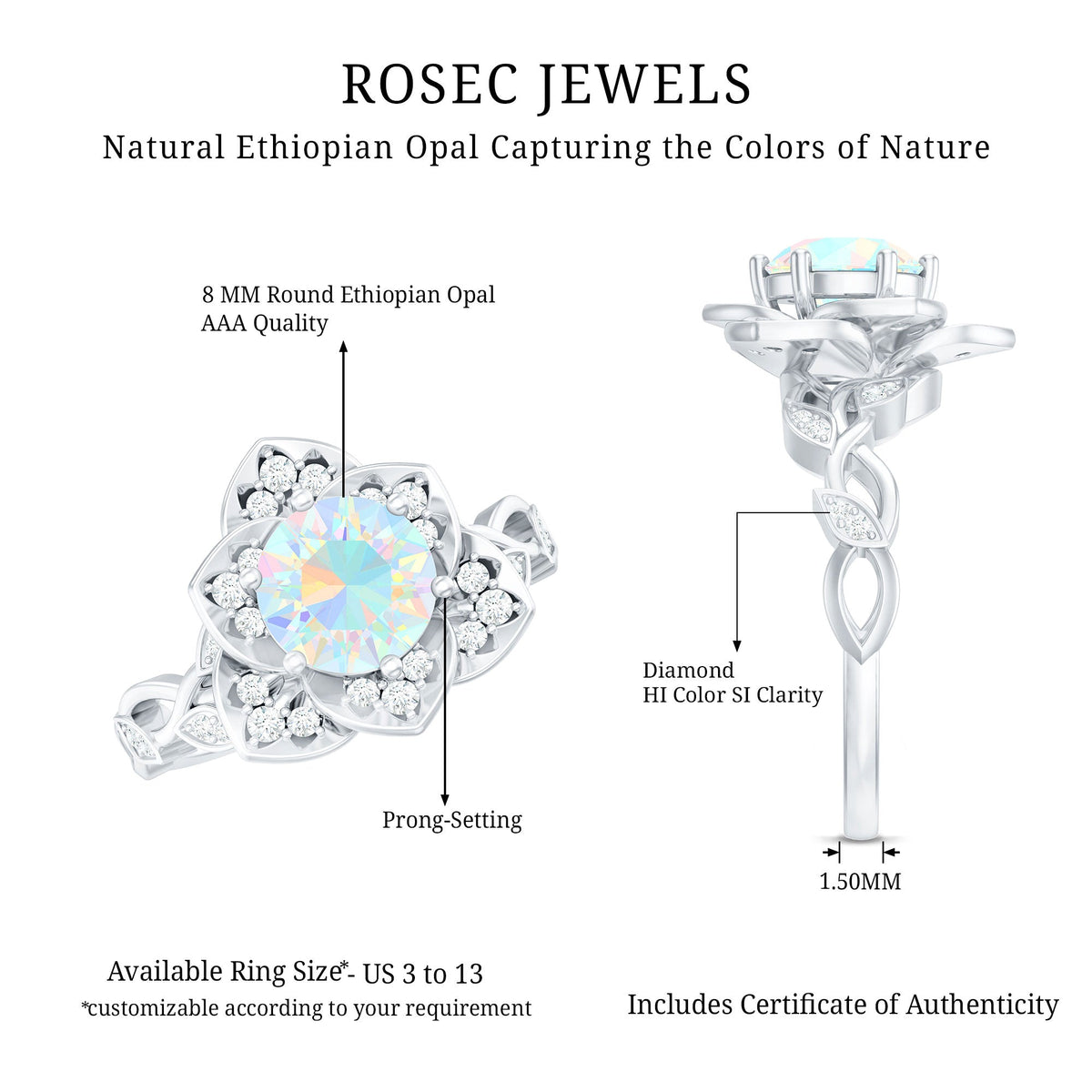Natural Ethiopian opal flower engagement ring with diamonds, featuring a 2-carat opal and intricate floral design by Rosec Jewels.