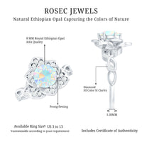 Natural Ethiopian opal flower engagement ring with diamonds, featuring a 2-carat opal and intricate floral design by Rosec Jewels.