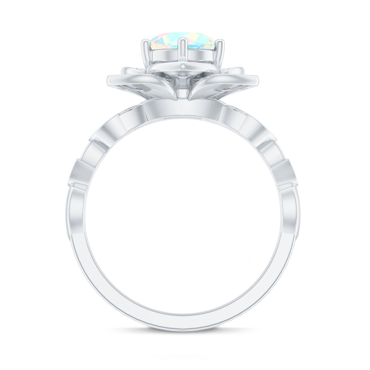 Natural Ethiopian opal flower engagement ring with diamond accents, crafted by Rosec Jewels, showcasing vibrant colors and intricate design.